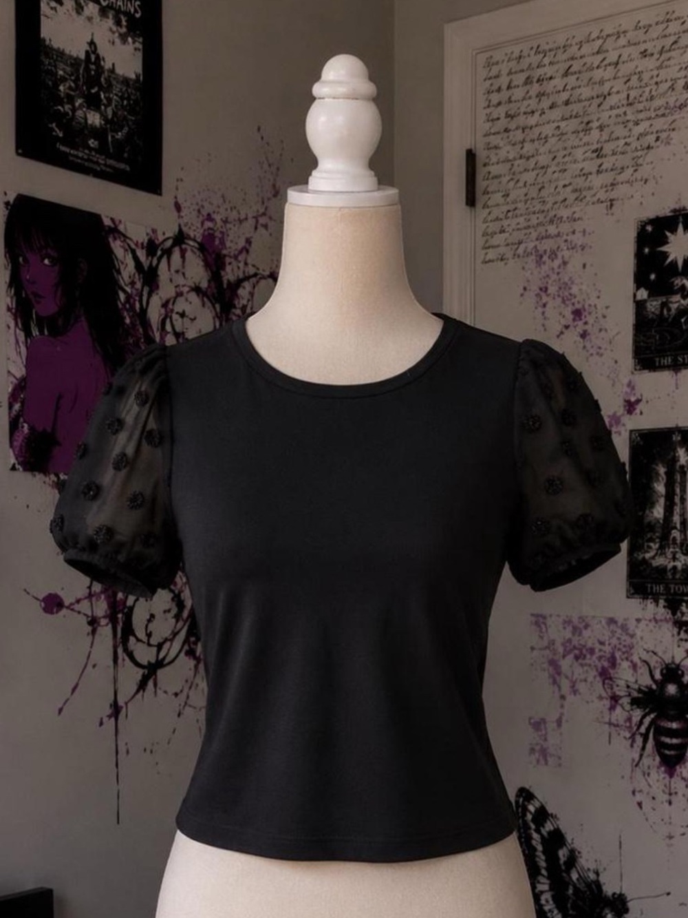 Black Puff Sleeve Mesh Detail Women's Top